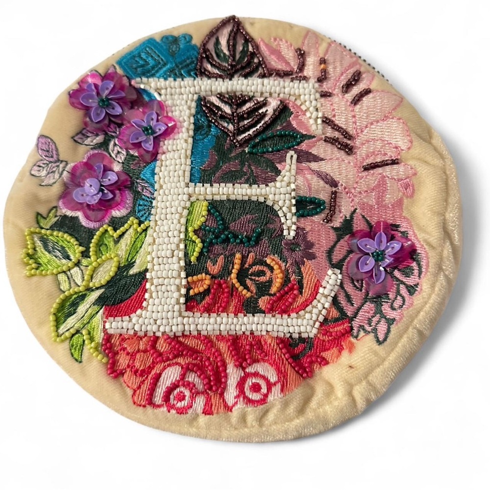 Anthropologie Cream Monogram E Zippered Pouch